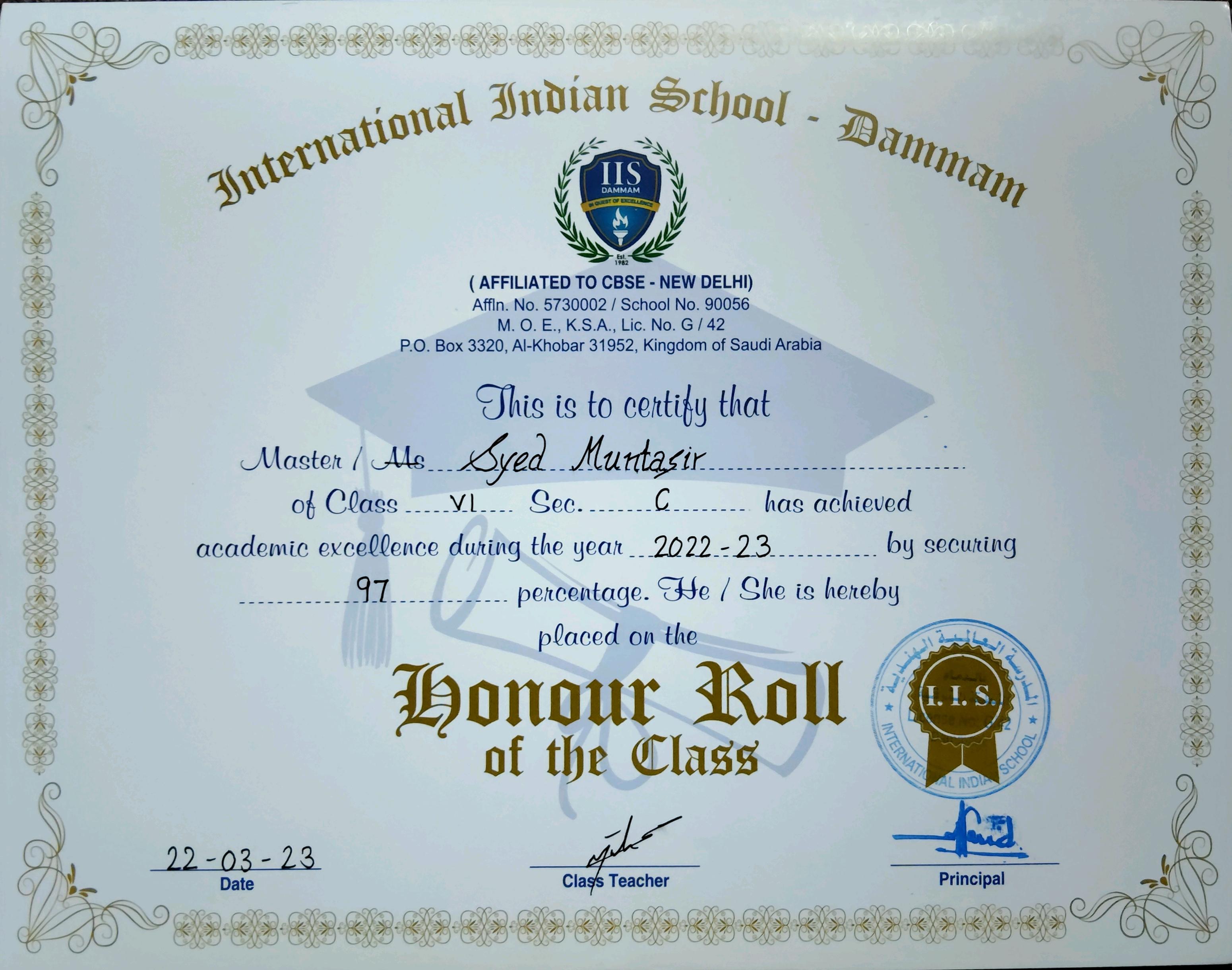 Honour Roll of the Class (Academic Topper)